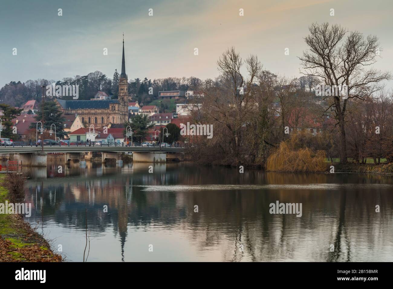 View of Montbeliard town at sunset in Doubs region, France. Stock Photo