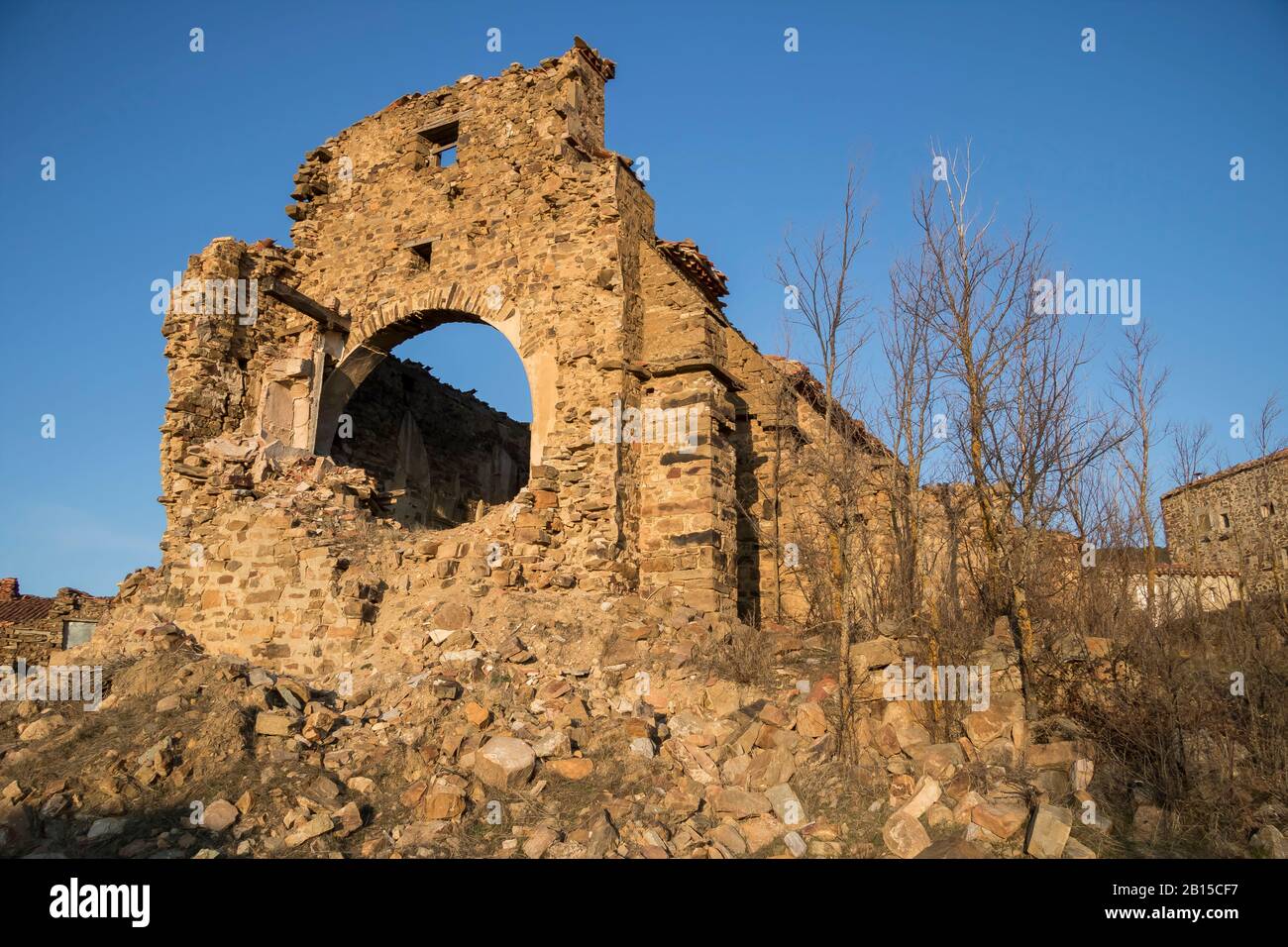 Ruined church of Sarnago abandoned village in Soria province, Spain Stock Photo