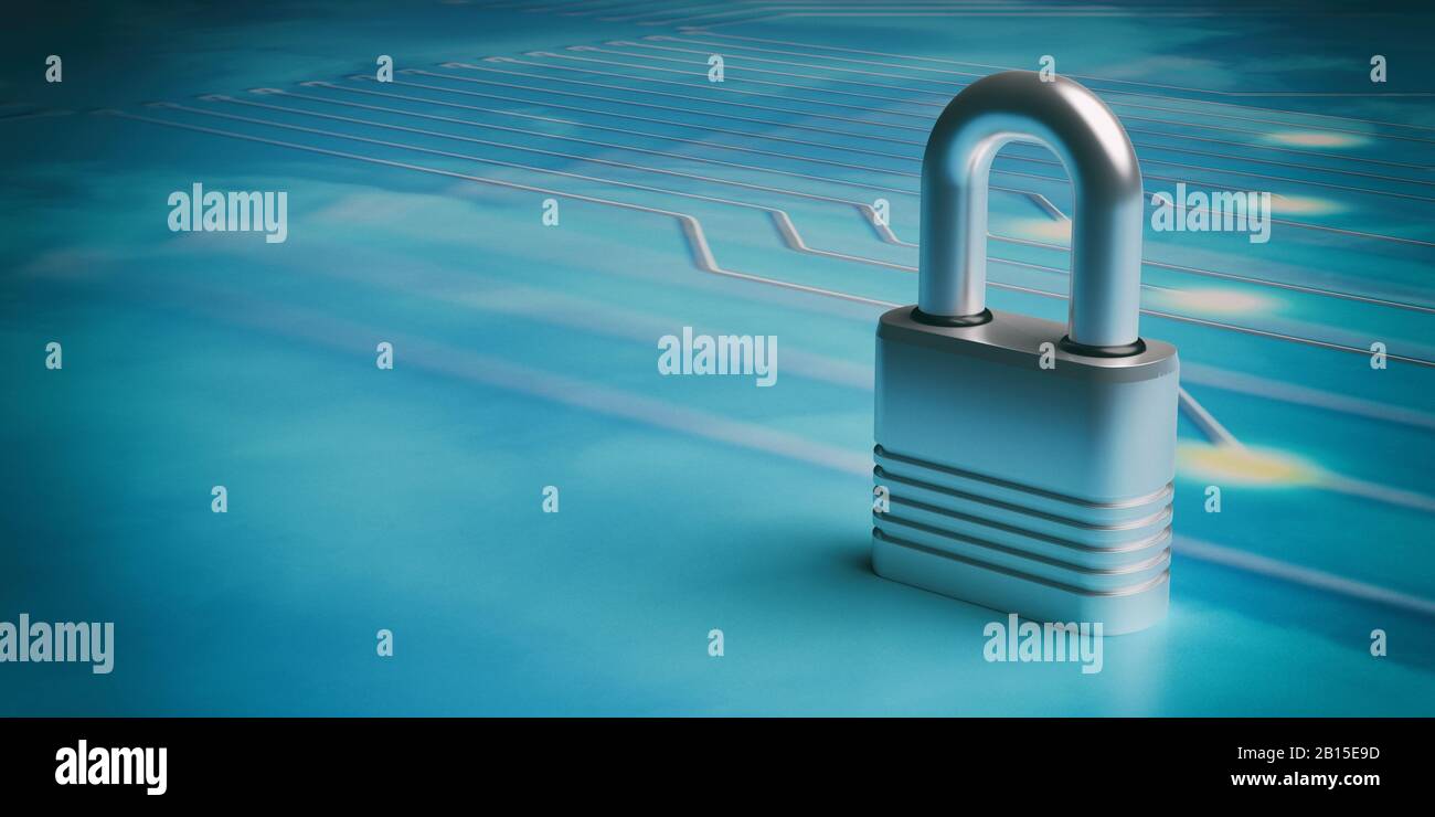 Cyber security, antivirus, data protection concept. Padlock on blue cyber space tech background. 3d illustration Stock Photo