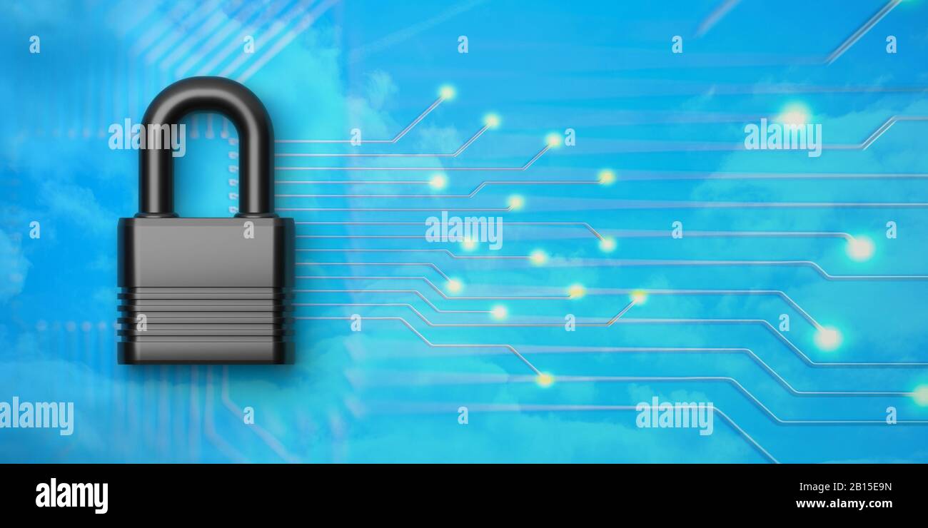 Cyber security, antivirus, data protection concept. Padlock on blue cyber space tech background. 3d illustration Stock Photo