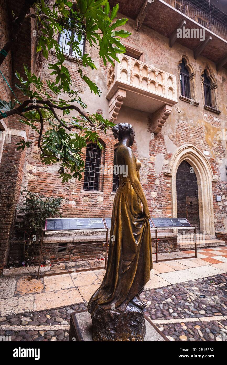 Patio and balcony of Romeo and Juliet house at golden sunset, Verona