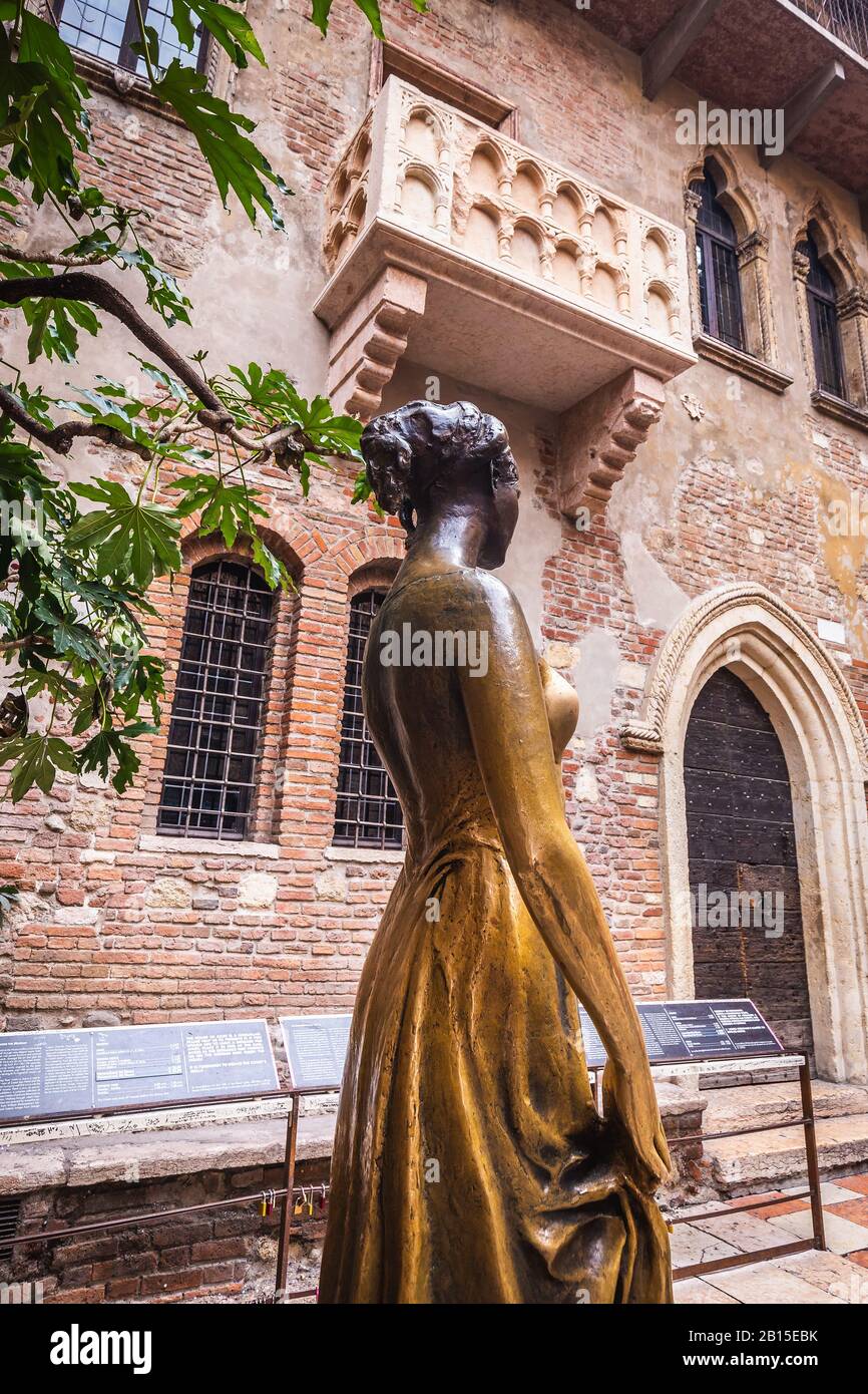 Patio and balcony of Romeo and Juliet house at golden sunset, Verona