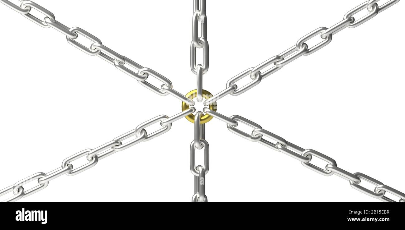 Chains connected with one gold link isolated cutout against white background. Central network connection, support structure, organisation, teamwork co Stock Photo