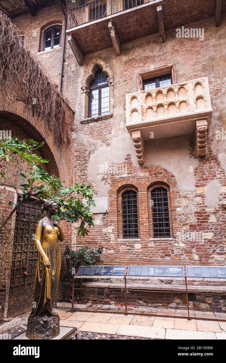 Patio and balcony of Romeo and Juliet house at golden sunset, Verona
