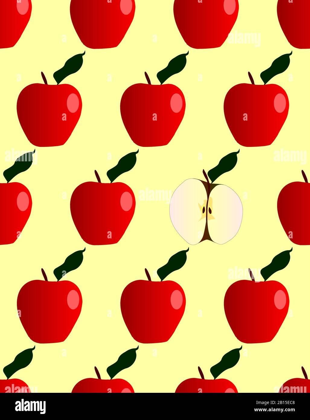 Red juicy apples in a seamless repeating pattern with one cut apple Stock Vector