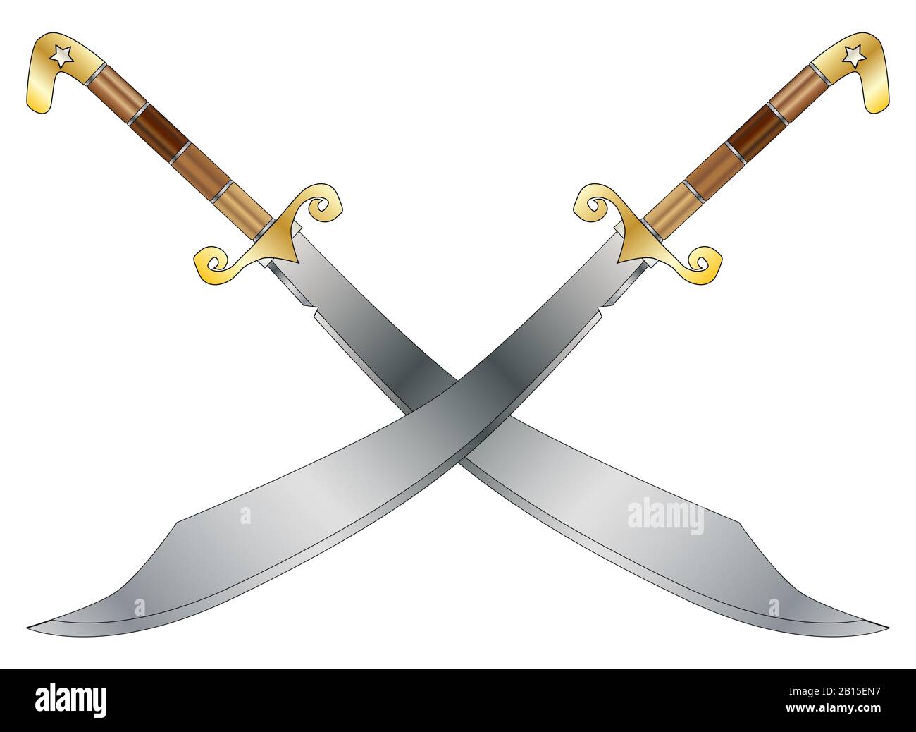 Two crossed scimitar sword as used by arabian warriors in the crusades and other wars isolated on white Stock Vector