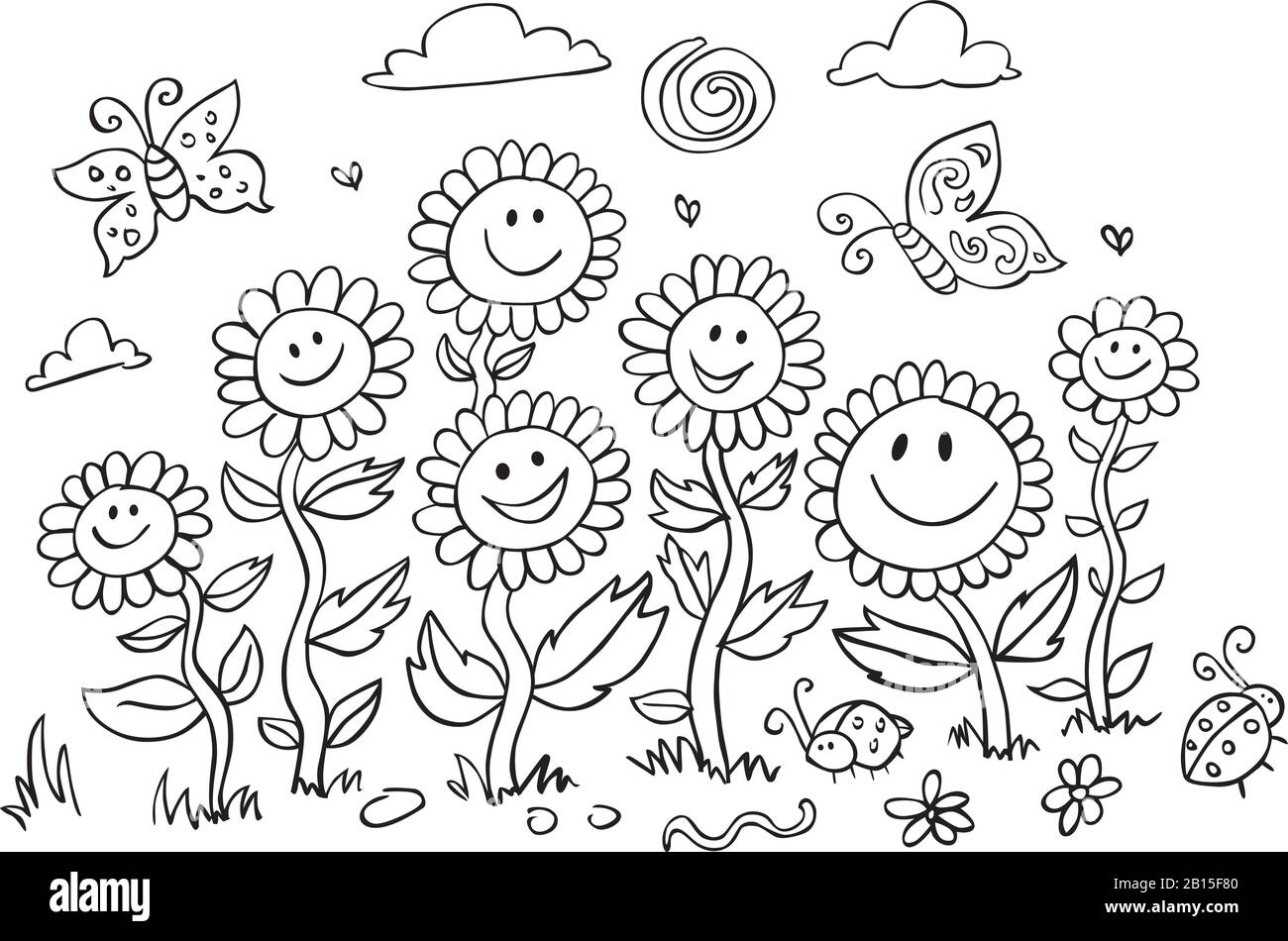 Vector black and white cartoon sunflowers illustration. Suitable for greeting cards, colouring activity and wall murals. Stock Vector