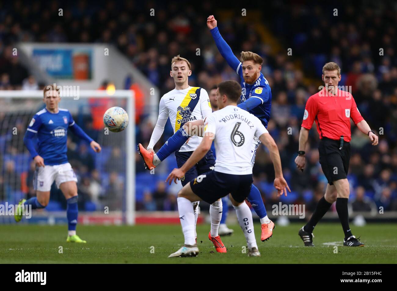 Teddy Bishop of Ipswich Town battles with Mark Sykes and Alex Gorrin of Oxford United - Ipswich Town v Oxford United, Sky Bet League One, Portman Road, Ipswich, UK - 22nd February 2020  Editorial Use Only - DataCo restrictions apply Stock Photo