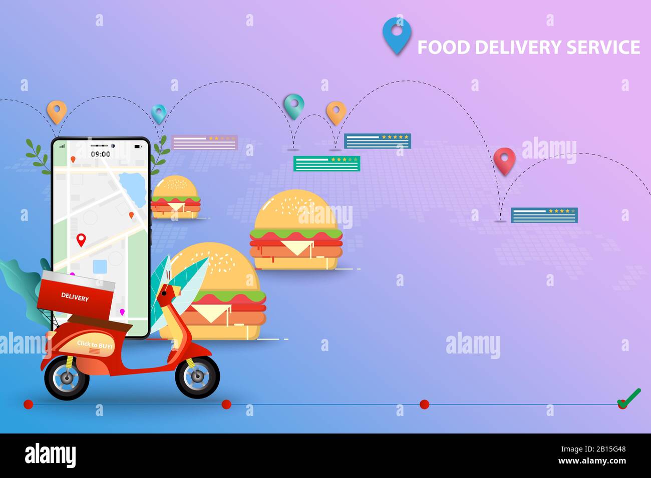Concept of food delivery service, scooter is on front of smartphone which contain map and GPS. Hamburger are in the background together with map. Stock Vector