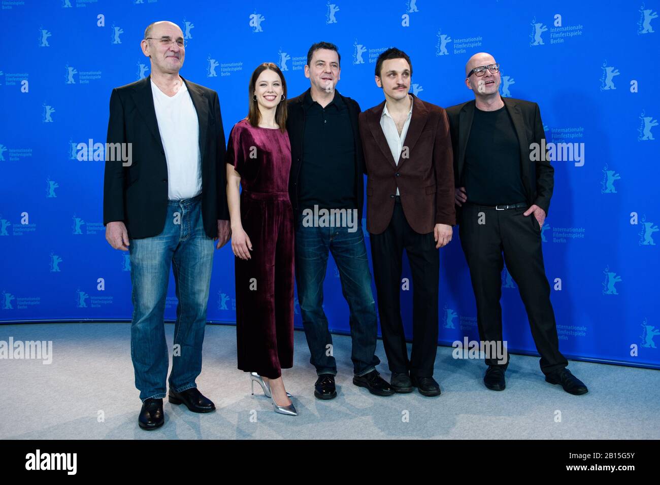 Berlin, Germany. 23rd Feb, 2020. 70th Berlinale, Photocall, Competition, Undine: cameraman Hans Fromm (l-r), actress Paula Beer, director Christian Petzold, actor Franz Rogowski and producer Florian Koerner von Gustorf. The International Film Festival takes place from 20.02. to 01.03.2020. Credit: Gregor Fischer/dpa/Alamy Live News Stock Photo
