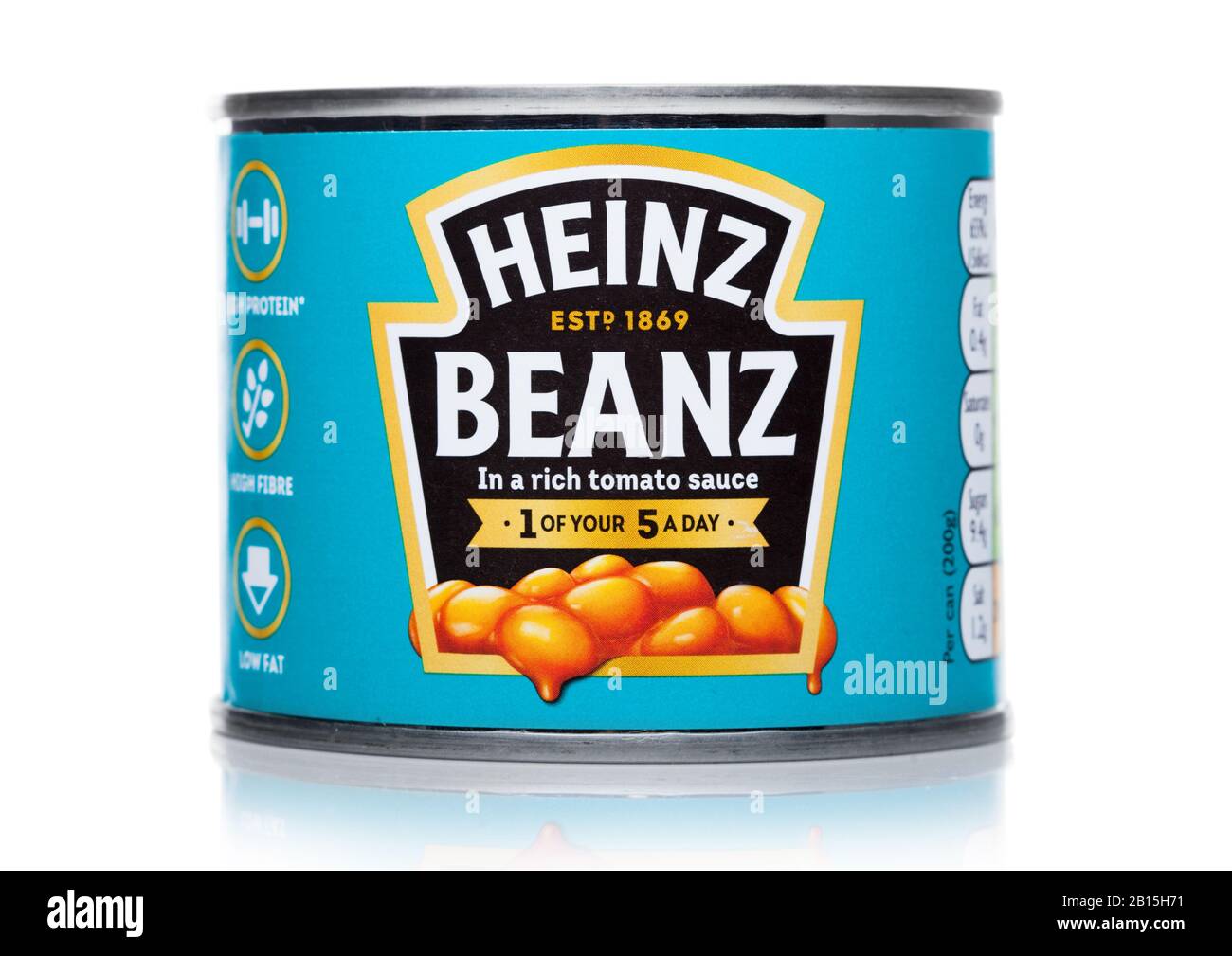 LONDON, UK - FEBRUARY 12, 2020: Tin of Heinz Beans in a rich tomato sauce on white, traditional British food Stock Photo