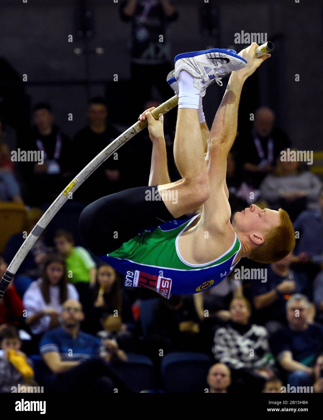 Adam Hague competes in the Pole Vault during day two of the SPAR British Athletics Indoor Championships at Emirates Arena, Glasgow. Stock Photo