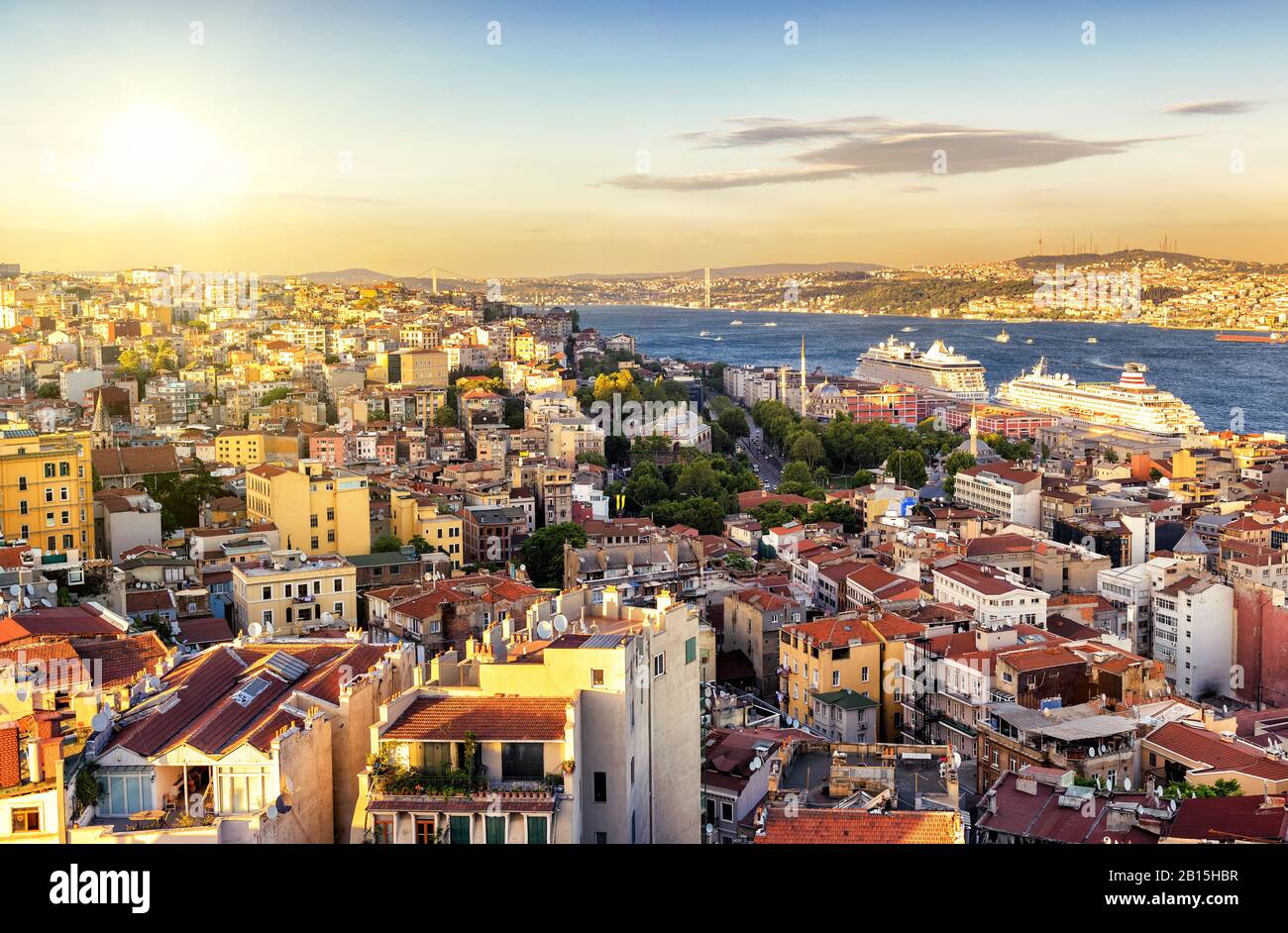 Istanbul at sunset, Turkey. Bosphorus divides the city into the Asian and European parts. View from the European side. Stock Photo