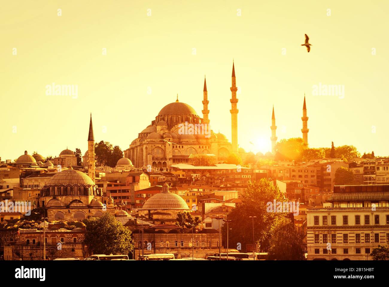 Istanbul at sunset, Turkey. The historical center of Istanbul is a beautiful and lively place that attracts tourists. Stock Photo