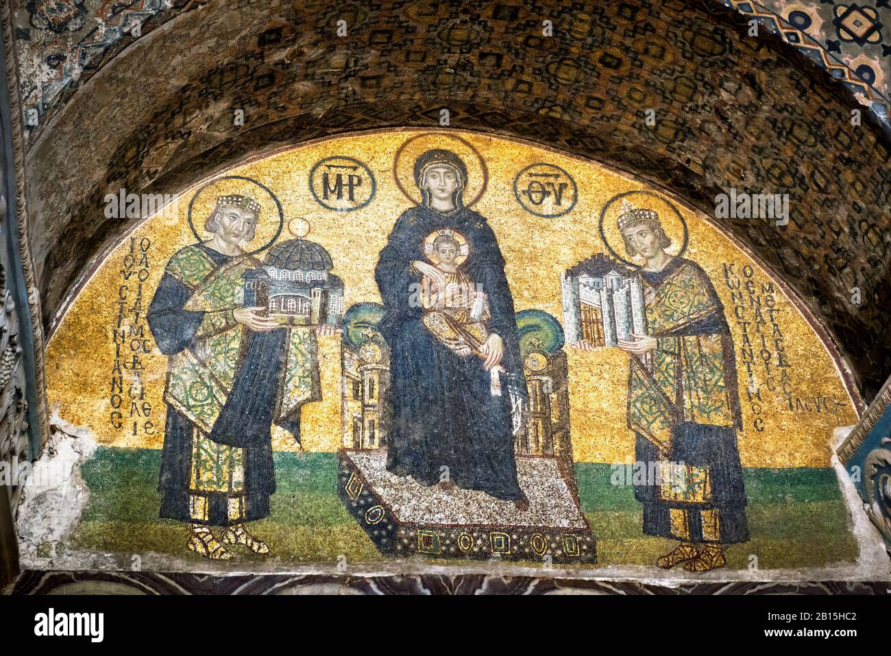 Istanbul - May 25, 2013: Golden mosaic inside the Hagia Sophia, Turkey. Old Eastern Orthodox art. Ancient Hagia Sophia is a top landmark of Istanbul. Stock Photo