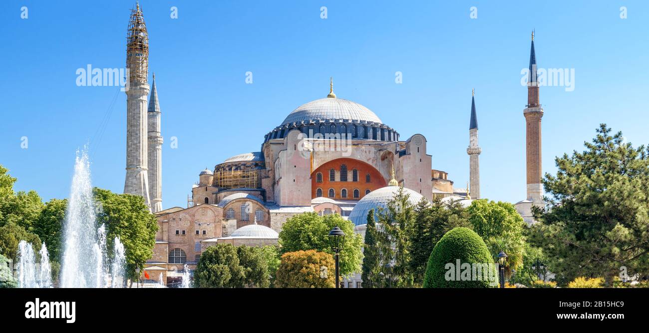 Hagia Sophia in summer, Istanbul, Turkey. Ancient Hagia Sophia or Aya Sofya is a top landmark of Istanbul. Panoramic scenic view of the former cathedr Stock Photo