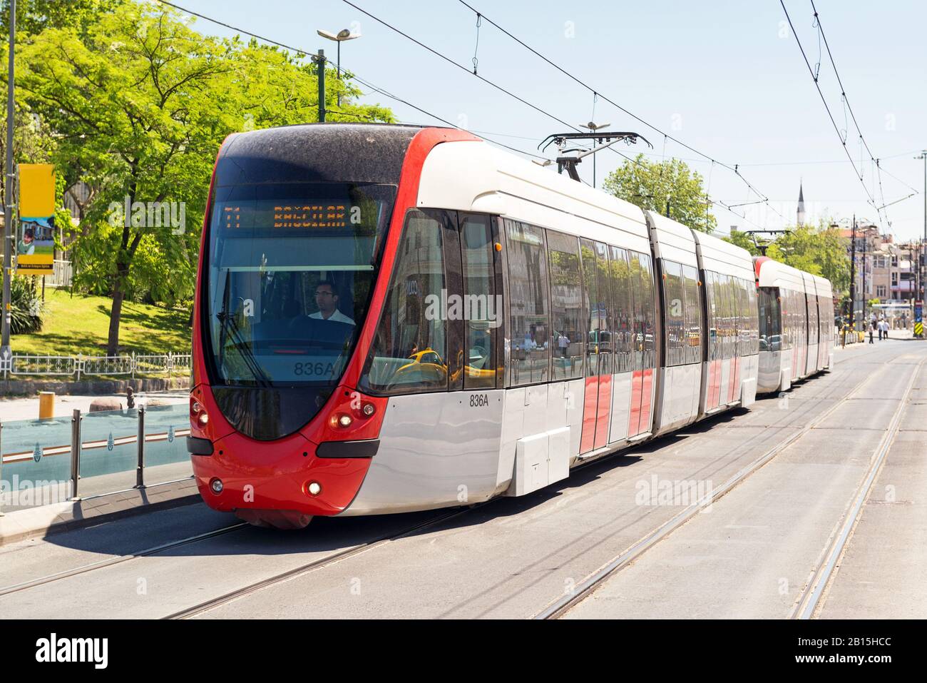 ISTANBUL - MAY 26, 2013: A modern tram on may 26, 2013 in  Istanbul, Turkey. Istanbul is a modern city with a developed infrastructure. Stock Photo