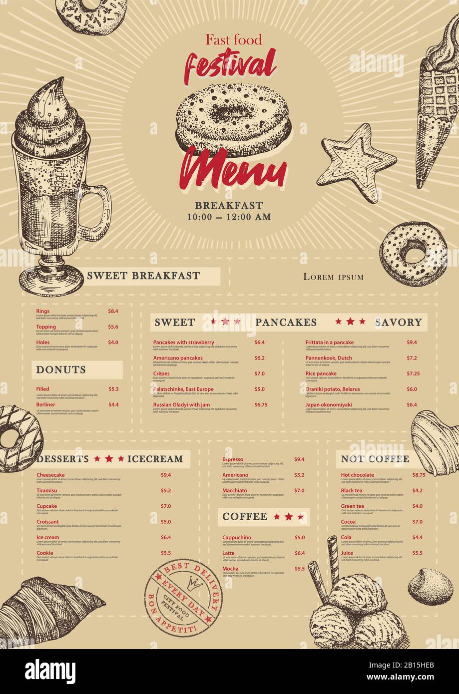 City food festival menu design template in retro style on brown old paper background. Hand drawn sketch sweety elements. Vintage breakfast card Stock Vector