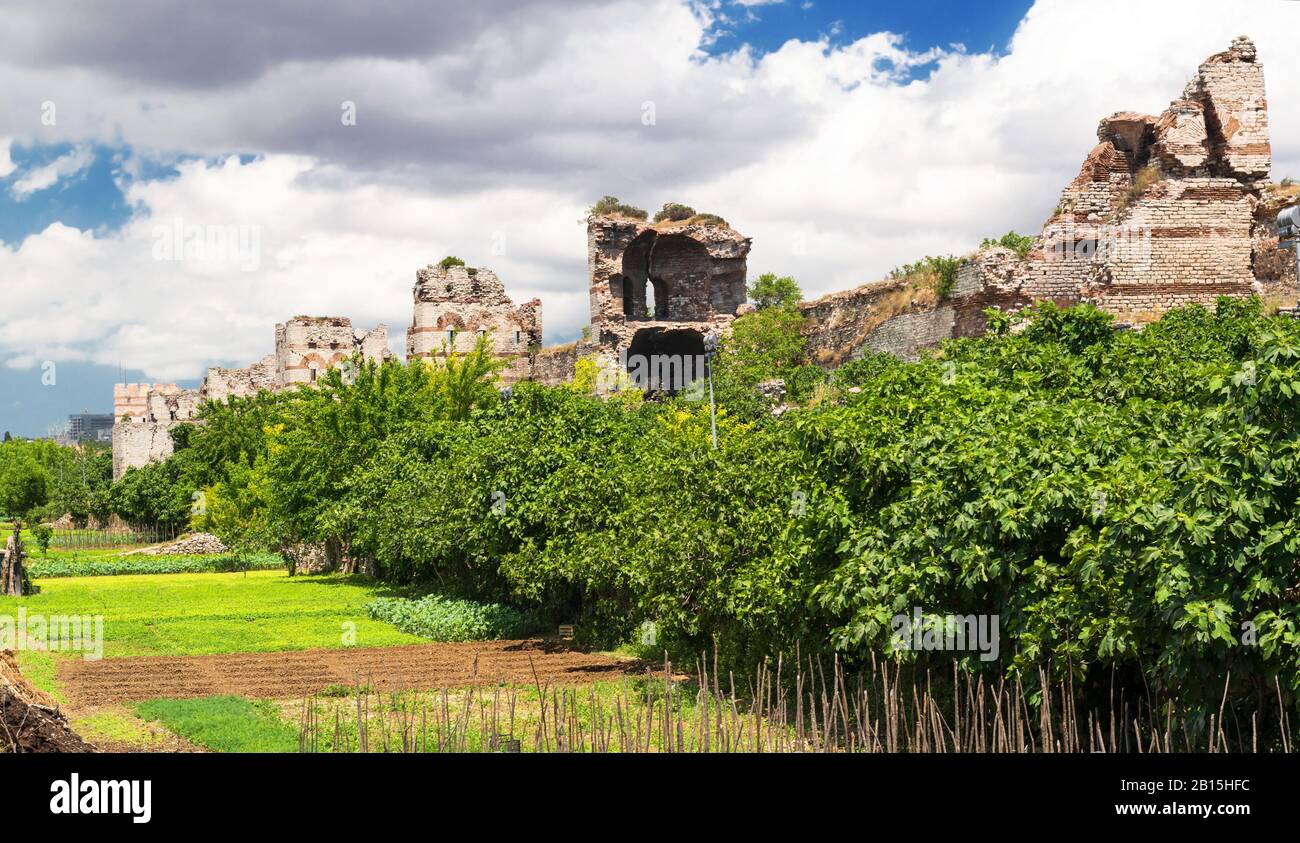 Famous ancient walls of Constantinople in Istanbul, Turkey Stock Photo