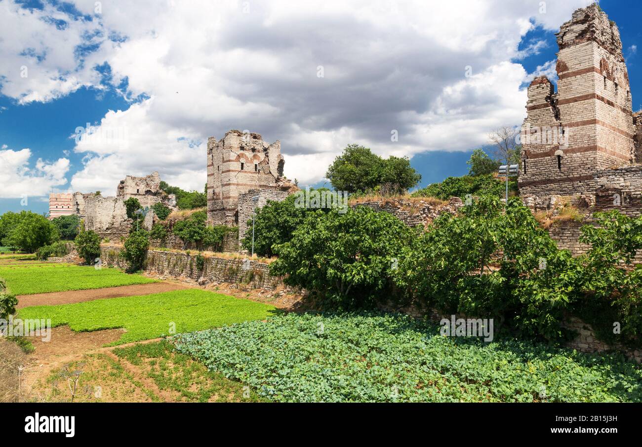 Famous ancient walls of Constantinople in Istanbul, Turkey Stock Photo