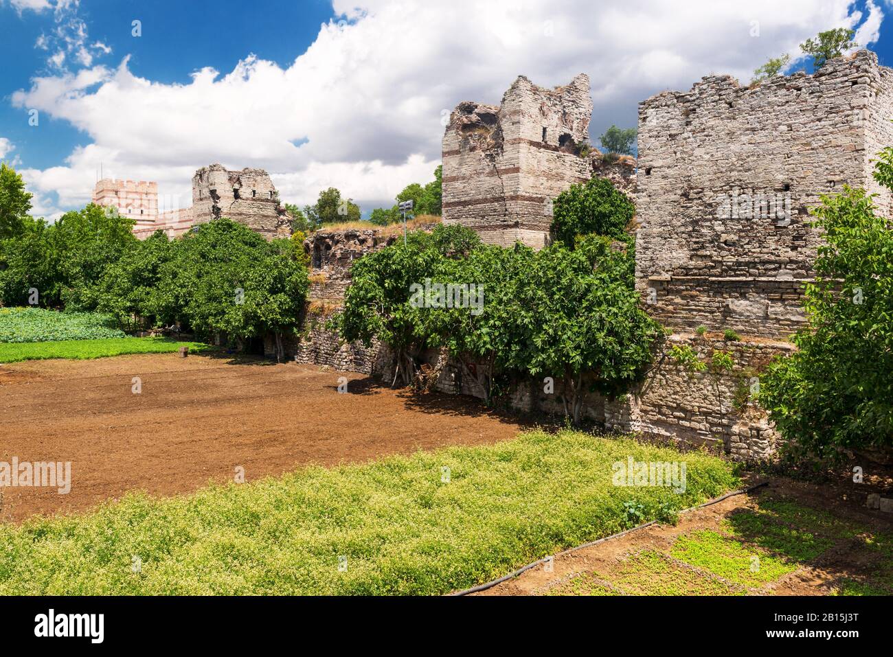 The ruins of famous ancient walls of Constantinople in Istanbul, Turkey