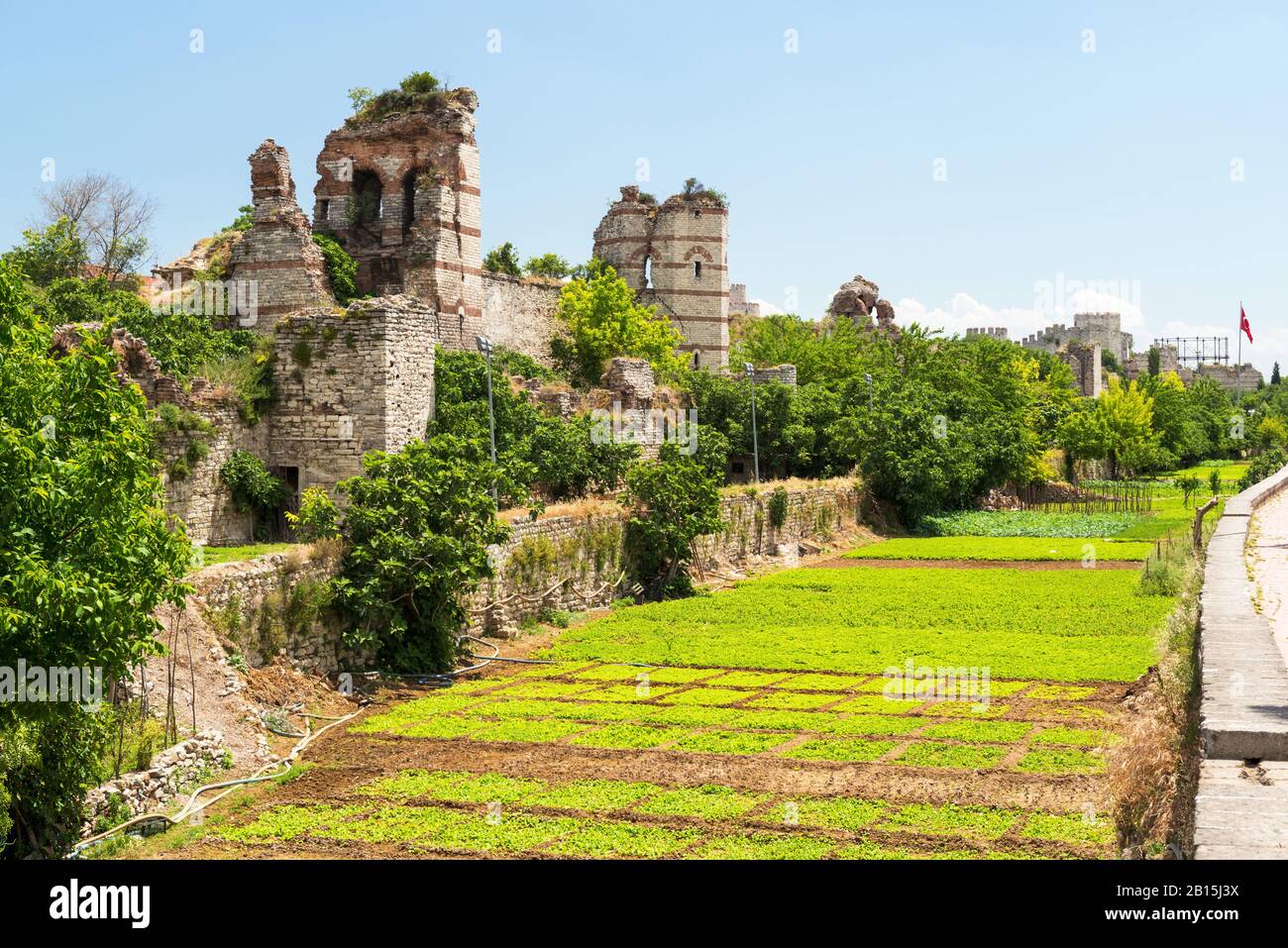 The ruins of famous ancient walls of Constantinople in Istanbul, Turkey