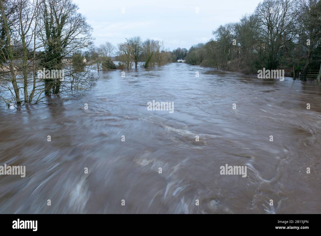View of the River Wharfe from the Throp Arch Bridge, Boston Spa showing the river breaking its banks and flooding surrounding fields Stock Photo