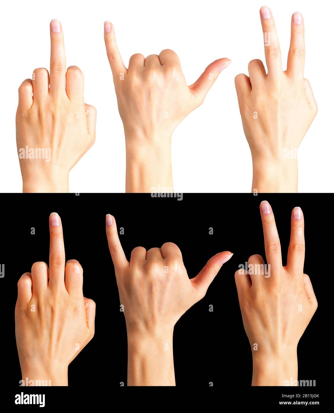 Female hands showing middle finger, shaka or surfer sign and peace symbol on black and white background Stock Photo