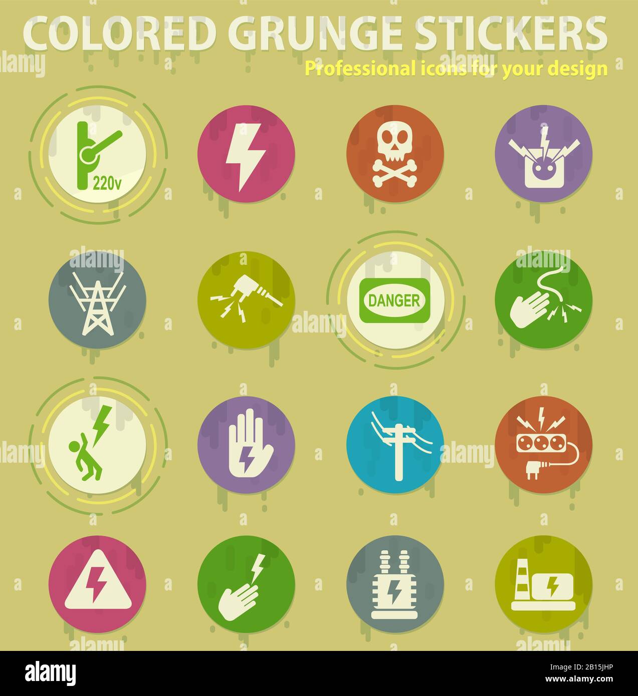 high voltage colored grunge icons Stock Vector