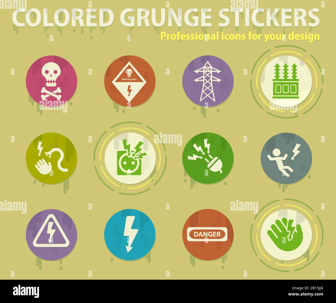 high voltage colored grunge icons Stock Vector