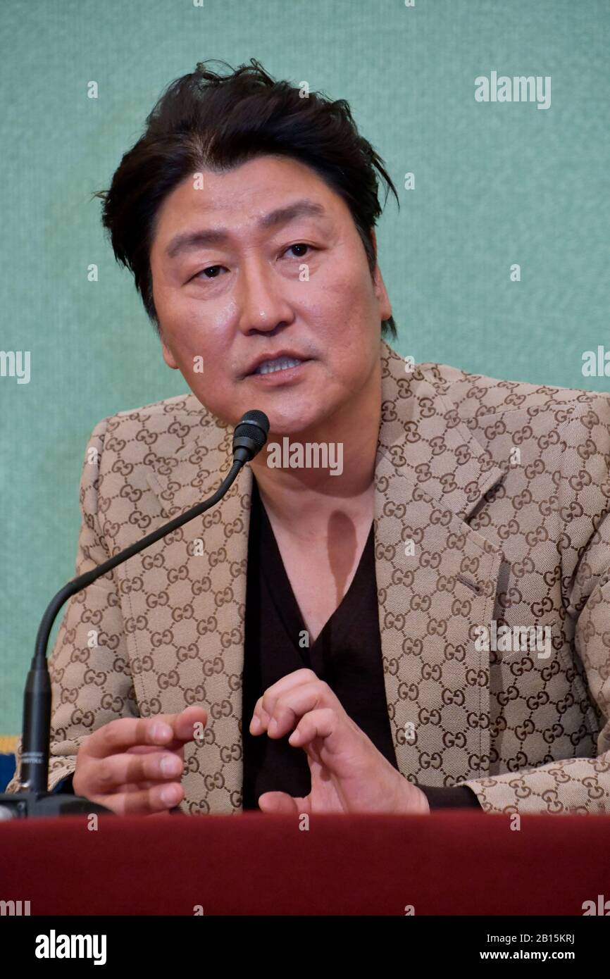 Tokyo, Japan. 23rd Feb, 2020. South Korean actor Song Kang-ho, Oscar winner of Best Original Screenplay, Best Director and Best Picture for 'Parasite,' attends the press conference in Tokyo, Japan on Sunday, February 23, 2020. This film's some shooting locations have become tourist sites in Seoul, South Korea. Photo by Keizo Mori/UPI Credit: UPI/Alamy Live News Stock Photo