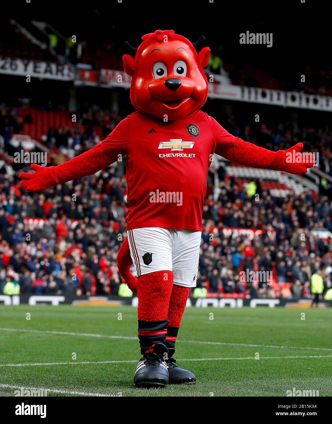 Manchester United mascot Fred the Red half-time during Premier League match at Old Trafford, Manchester Stock Photo Alamy