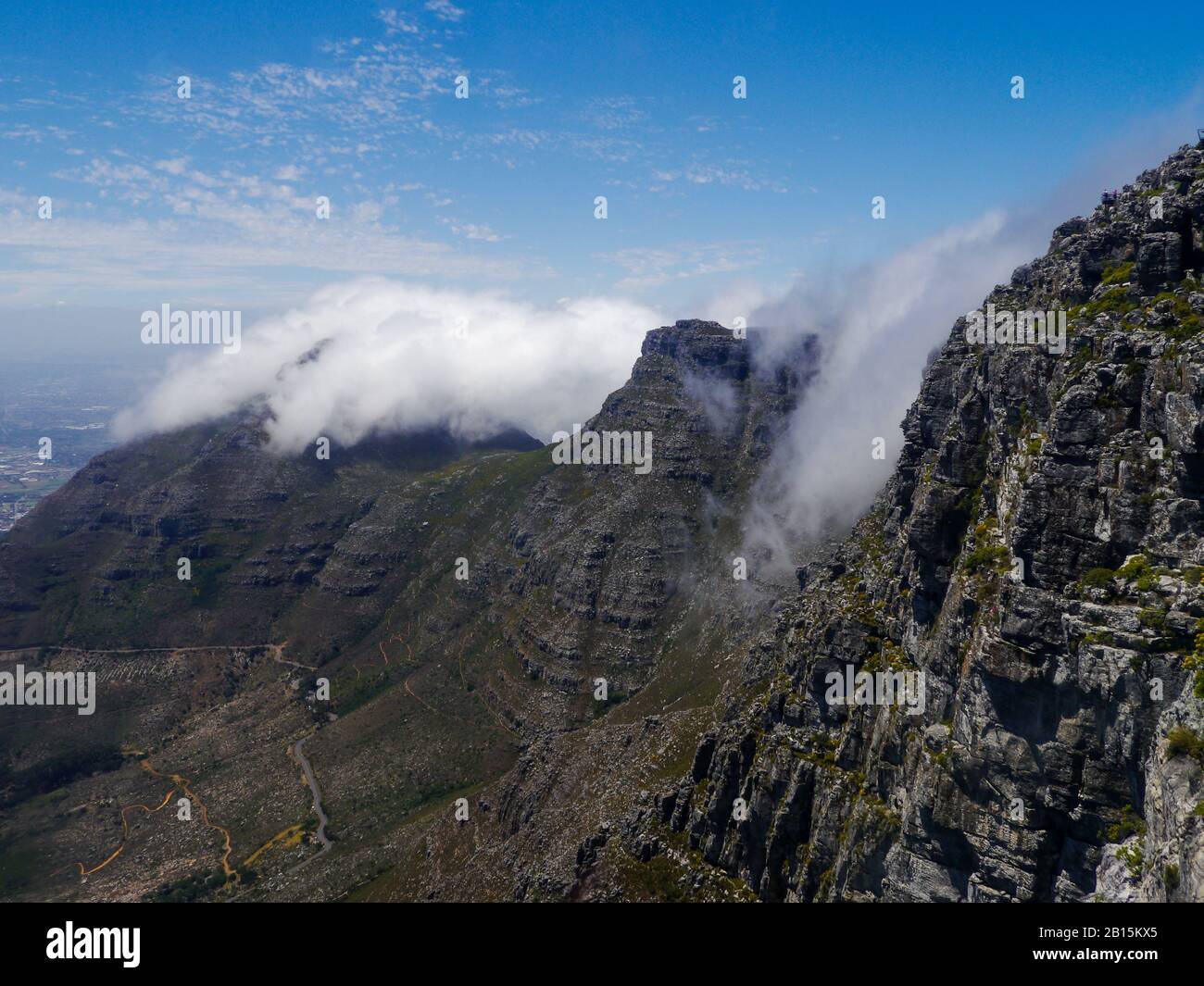 The plateau of Table Mountain in Cape Town is covered in clouds Stock Photo