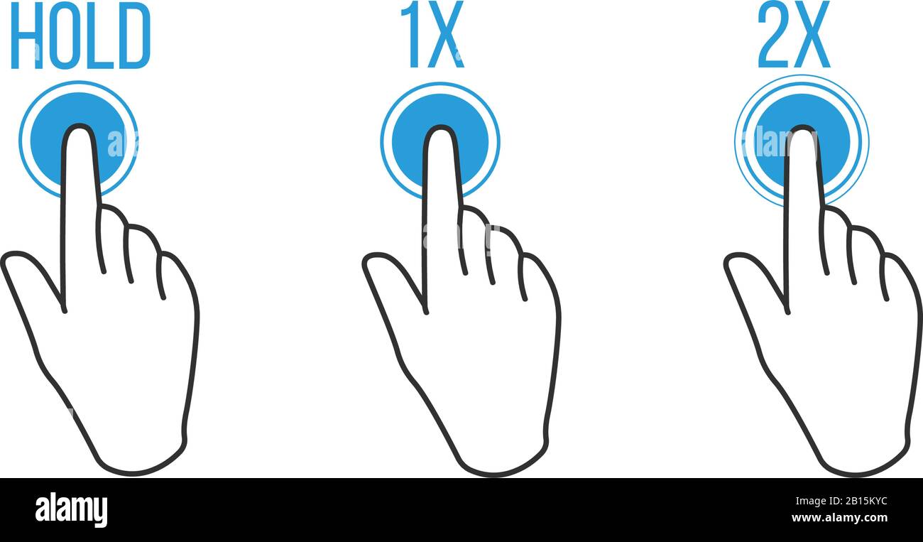 hand double tapping, one click, and hold gesture with one finger icon