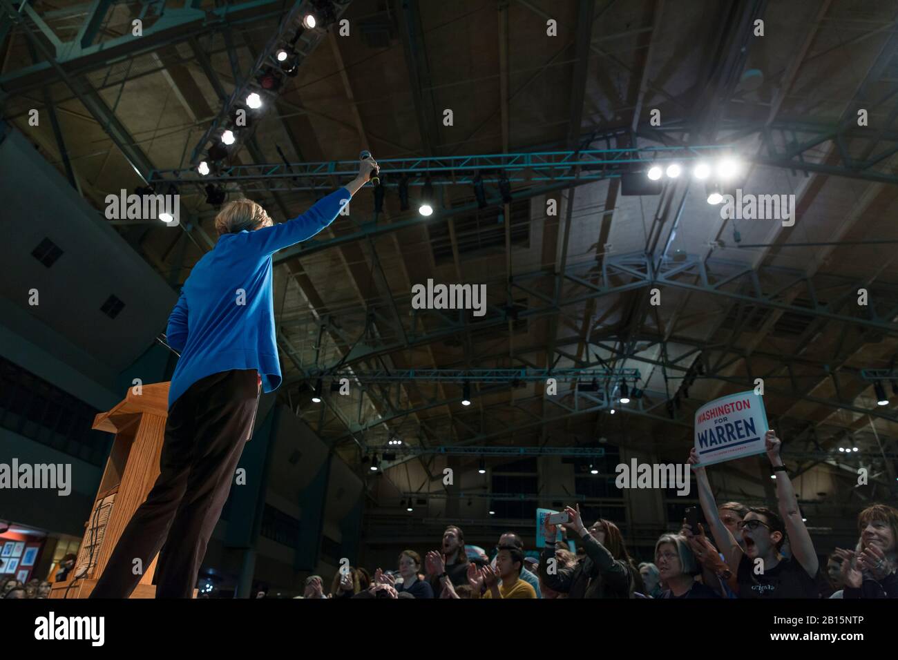 Senator Elizabeth Warren speaks to supporters during a town hall in Seattle, Washington on Saturday, February 22, 2020. Stock Photo