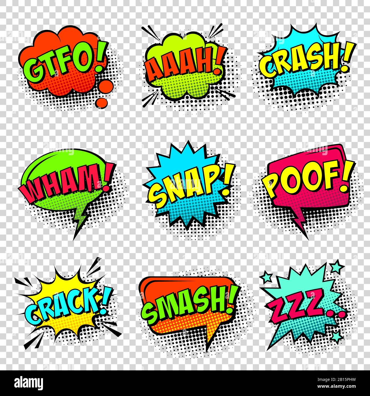 Comic colored speech bubbles with halftone shadow and text phrase ...