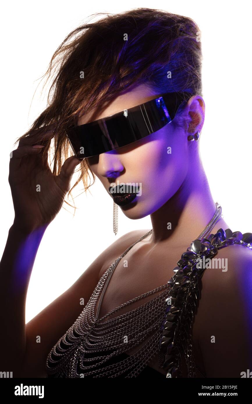 Colorful portrait of a young woman wearing futuristic glasses Stock ...
