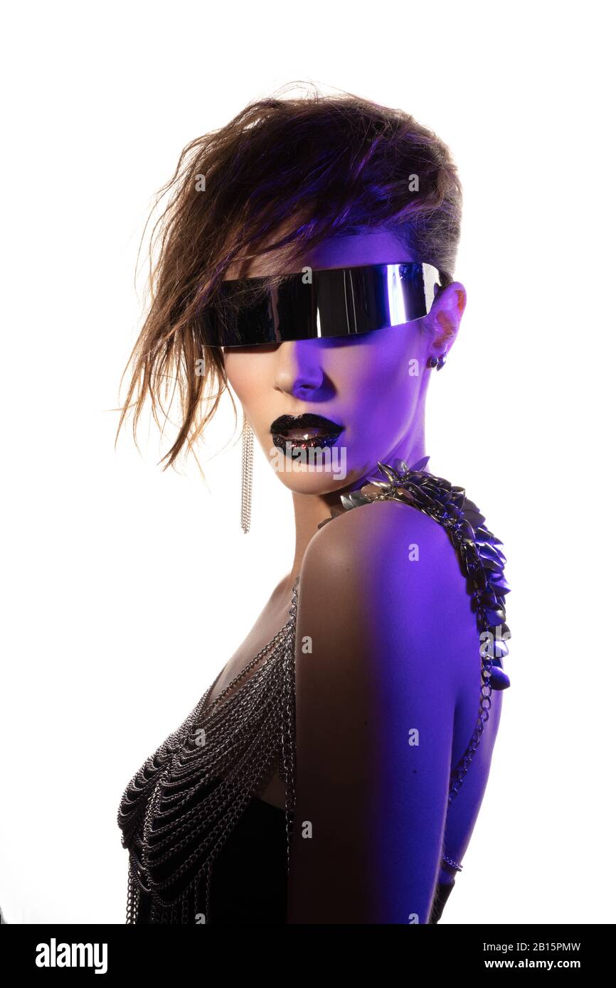 Colorful portrait of a young woman wearing futuristic glasses Stock ...
