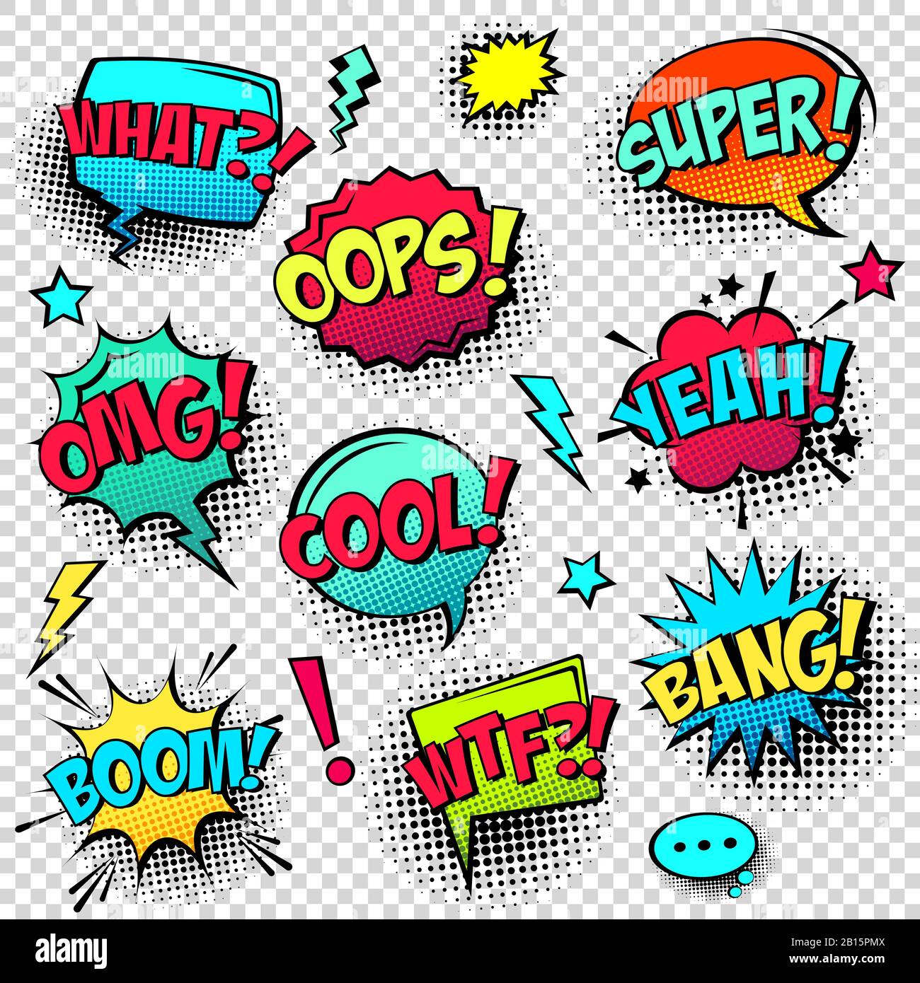 Comic colored speech bubbles with halftone shadow and text phrase ...