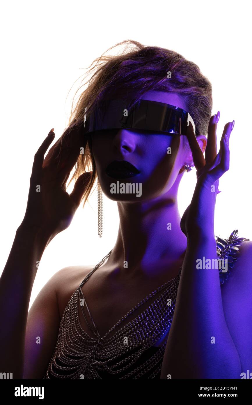 Colorful portrait of a young woman wearing futuristic glasses Stock ...
