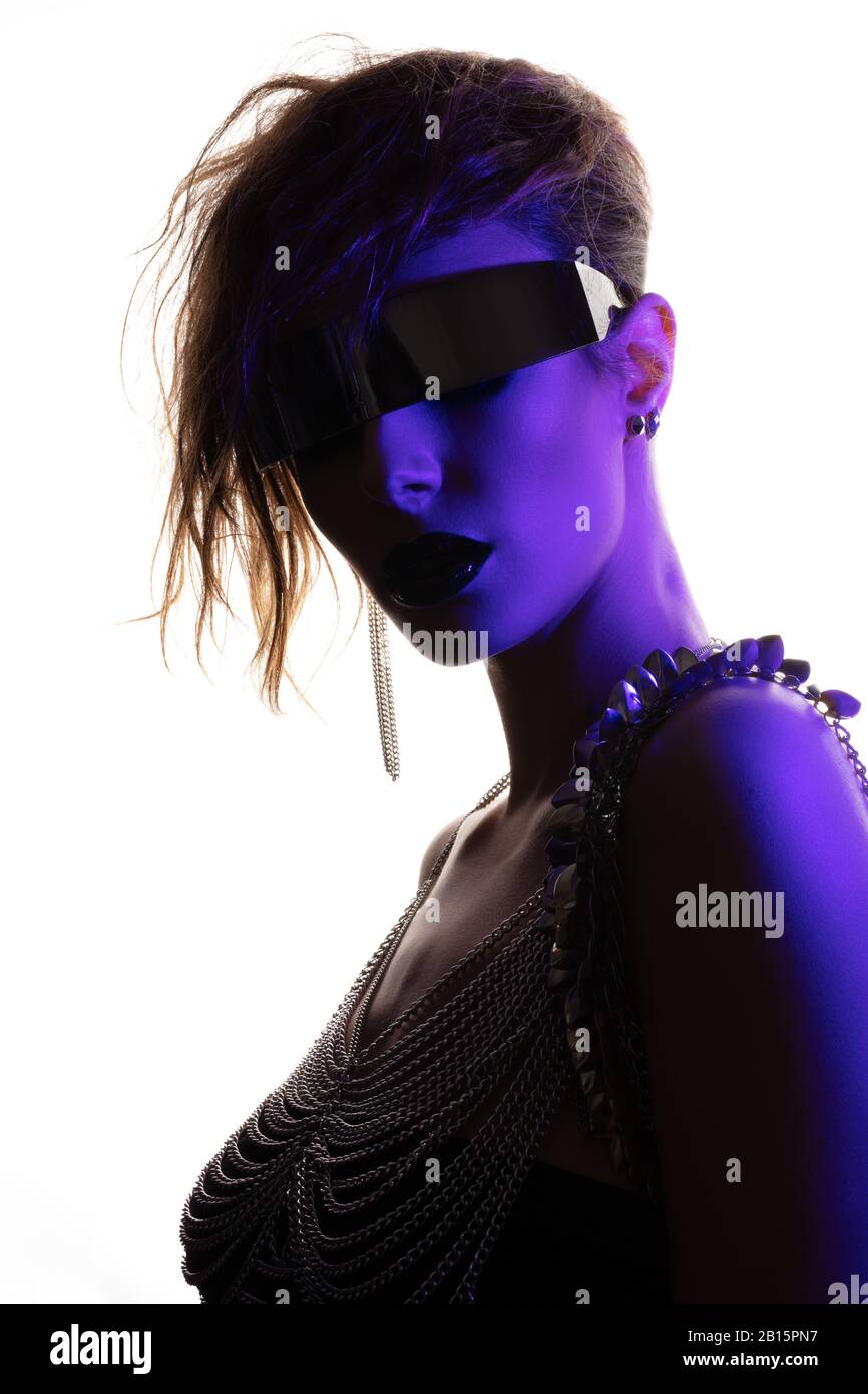Colorful portrait of a young woman wearing futuristic glasses Stock ...