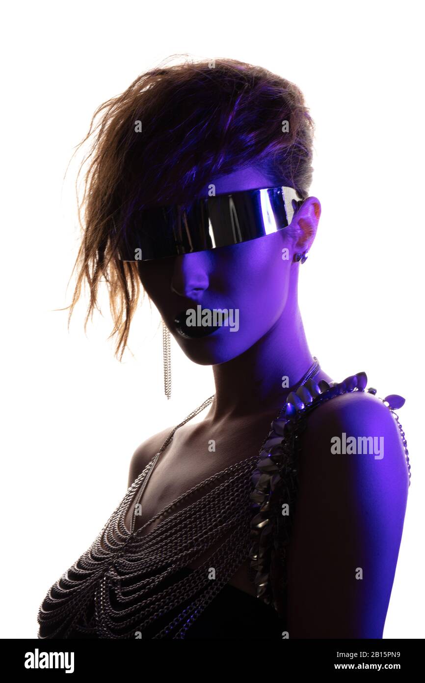 Colorful portrait of a young woman wearing futuristic glasses Stock ...