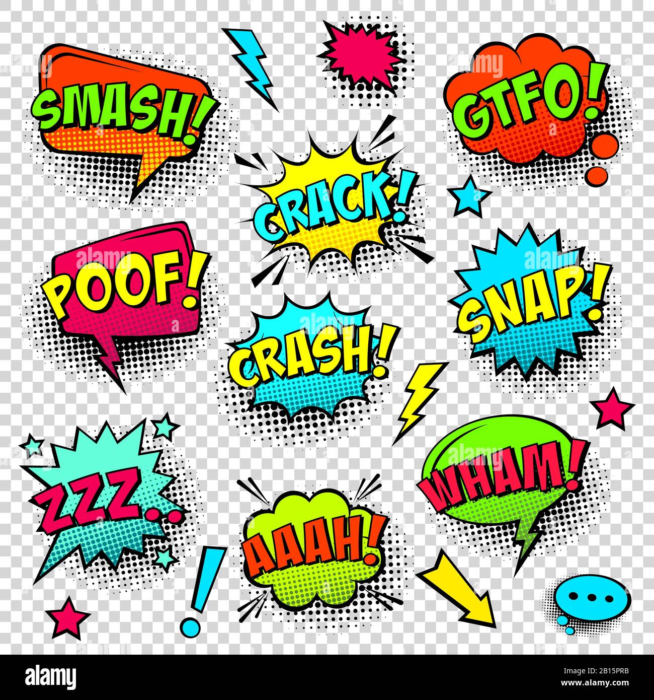 Comic colored speech bubbles with halftone shadow and text phrase ...