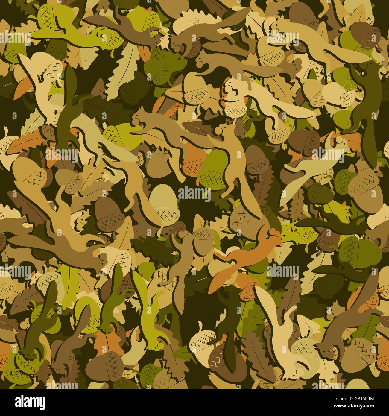 Seamless squirrel pattern with acorn nut and oak leaves. Vector image Stock Vector