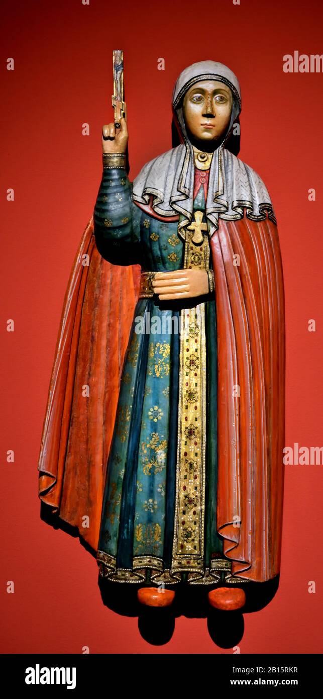 St.Paraskeva Pyatnitsa 17th century.Popular in ancient russia.protector of travelers. Paint, gilding and levels on carved wood Icon, Russia, Russian, Federation, Stock Photo