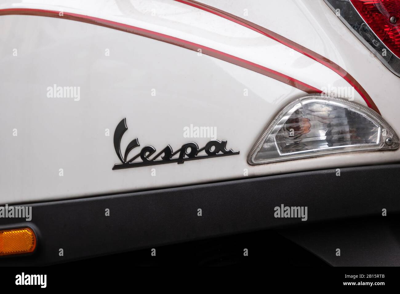 BERLIN, GERMANY - FEBRUARY 12, 2020: Close-up of The Logo of Vespa On A Scooter Manufactured By Italian Manufacturer Piaggio Stock Photo