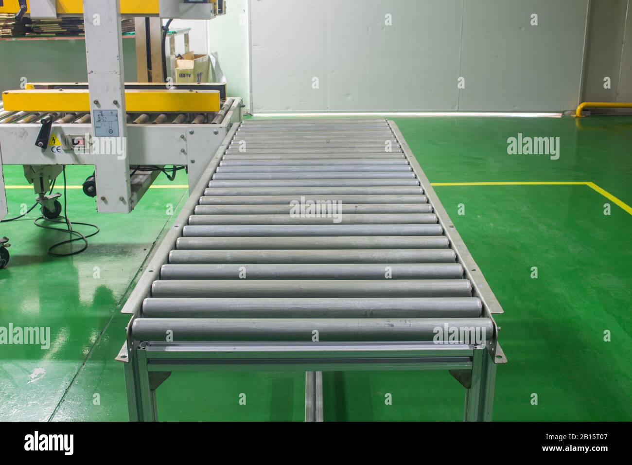 roller conveyor, Production line conveyor roller transportation objects. Stock Photo