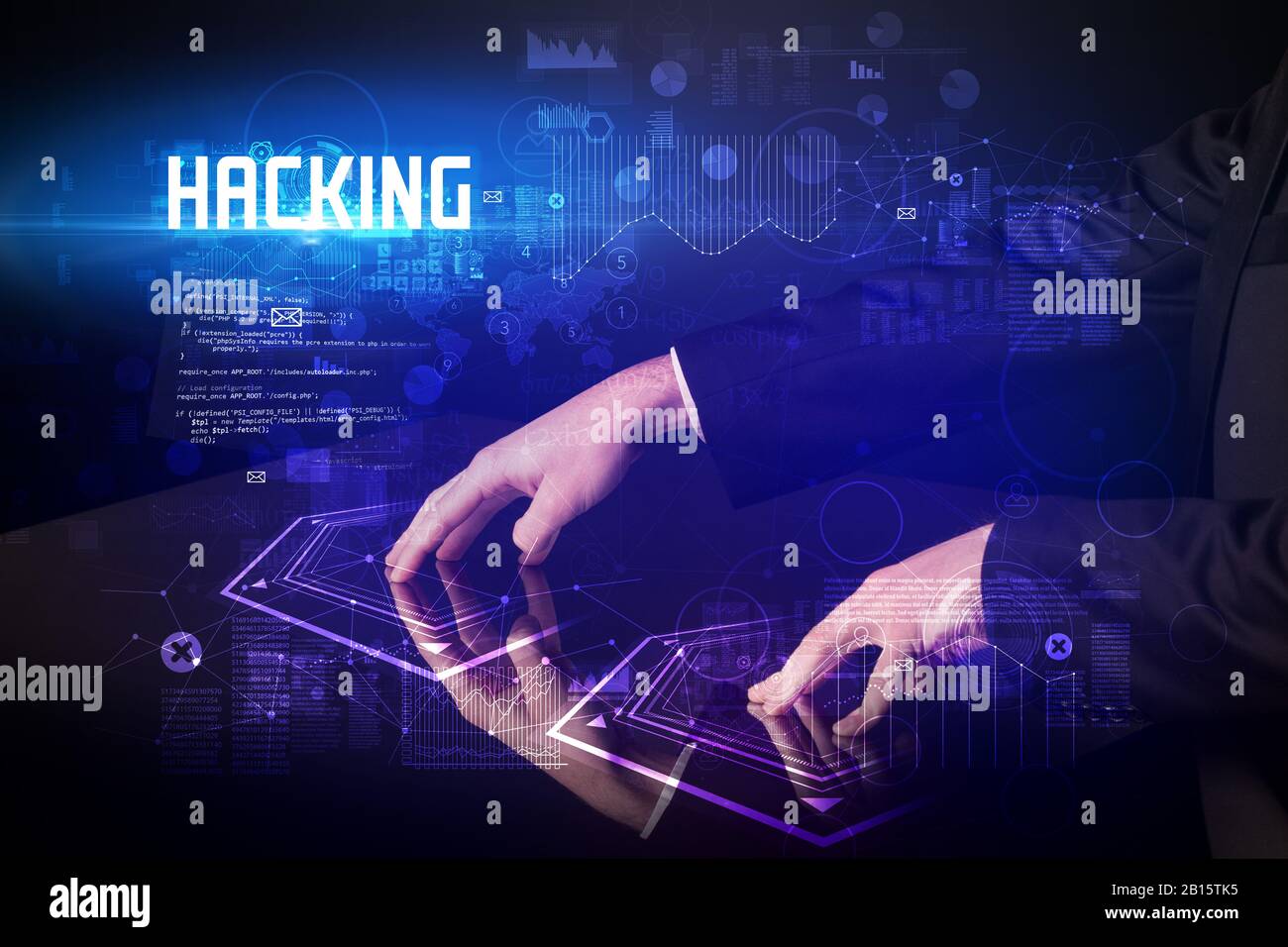 Hand touching digital table with HACKING inscription, new age security ...