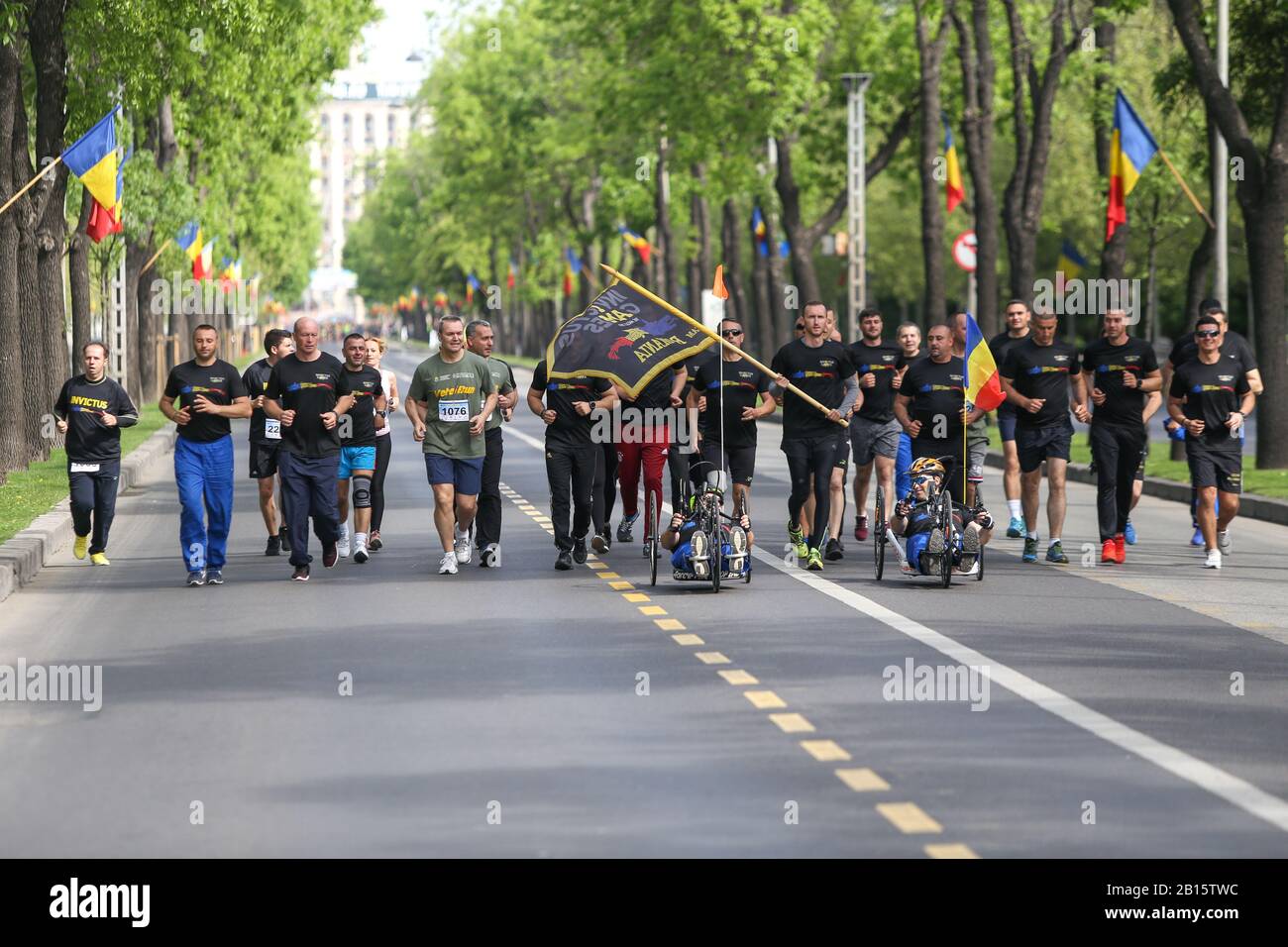 Bucharest, Romania - May 5, 2019: Romanian army veterans, paralympians members of the Invictus Team, take part at a running contest. Stock Photo