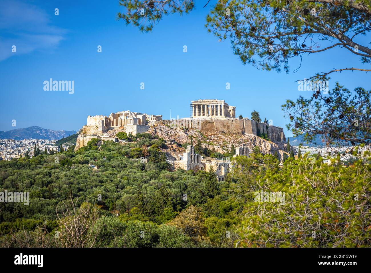 Scenic view of Acropolis hill, Athens, Greece. Famous Acropolis is a top landmark of Athens. Beautiful landscape of Athens in summer. Panorama of anci Stock Photo